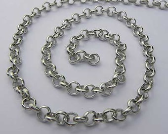 Sterling Silver Rolo Medium Chain, belcher link thick trace oval loops spring bolt ring clasp simple necklace for pendant everyday strong
