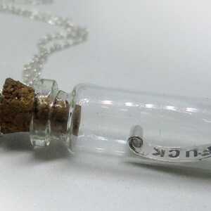 May include: A silver chain necklace with a small glass bottle pendant. The bottle is corked and contains a rolled up piece of paper with the text "F.U.C.K" written on it.
