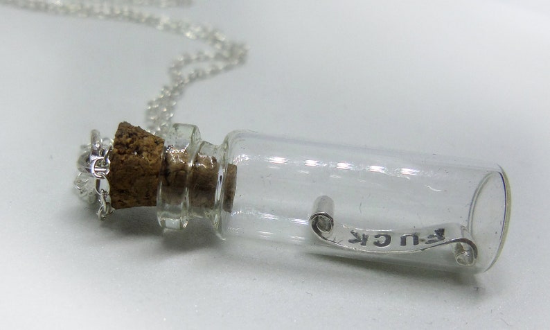 May include: A silver chain necklace with a small glass bottle pendant. The bottle is corked and contains a rolled up piece of paper with the text "F.U.C.K" written on it.