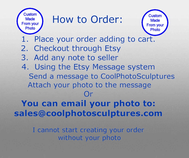 May include: How to order a custom-made photo sculpture. Instructions include adding to cart, checking out through Etsy, adding a note to the seller, and sending a photo via the Etsy message system or email to sales@coolphotosculptures.com. The text states that the seller cannot start creating the order without the photo.