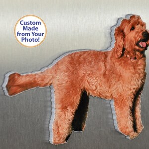 May include: A custom-made magnet featuring a brown and white dog with a white outline. The magnet is made from a photo and says "Custom Made from Your Photo!"