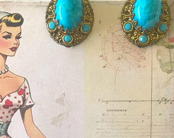 Vintage Faux Turquoise Clip On Earrings: Gold Tone, West Germany
