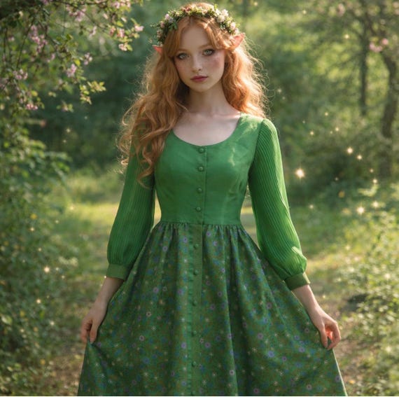 Vintage Green Dress With Floral Design And Gold Greek Key Detailing On The Sleeves. Fairy Core Vibes. Vintage Green Dress With Floral Design And Gold Greek Key Detailing On The Sleeves. Fairy Core Vibes.