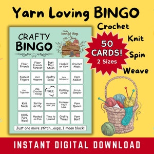 Crafty Yarn Bingo for those who Knit & Crochet. 50 Bingo Cards, Retreats, Local Yarn Shops, Guild Meetings, Knit Shows, and Fun with Friends
