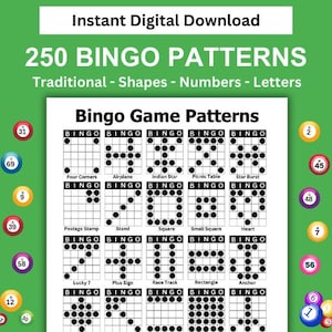 250 BINGO Patterns, 25 Game Patterns Per Page | Regular, Traditional, Shapes, Numbers, Letters, Bingo Winning Patterns | Download and Print