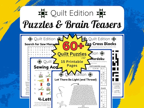Quilt Puzzles & Brain Teasers Printable PDF, 60+ Quilt-Themed Puzzles, Quilter Activity Book, Quilt Retreat Entertainment