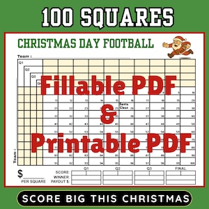 May include: A Christmas Day football 100 squares grid with fillable and printable PDF options. The grid features a Santa Claus graphic and the text "Score Big This Christmas."