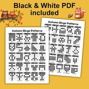Printable Thanksgiving Bingo Game Patterns featuring 50 autumn-themed bingo layouts in an easy-to-use 25-per-page format. Black and White included