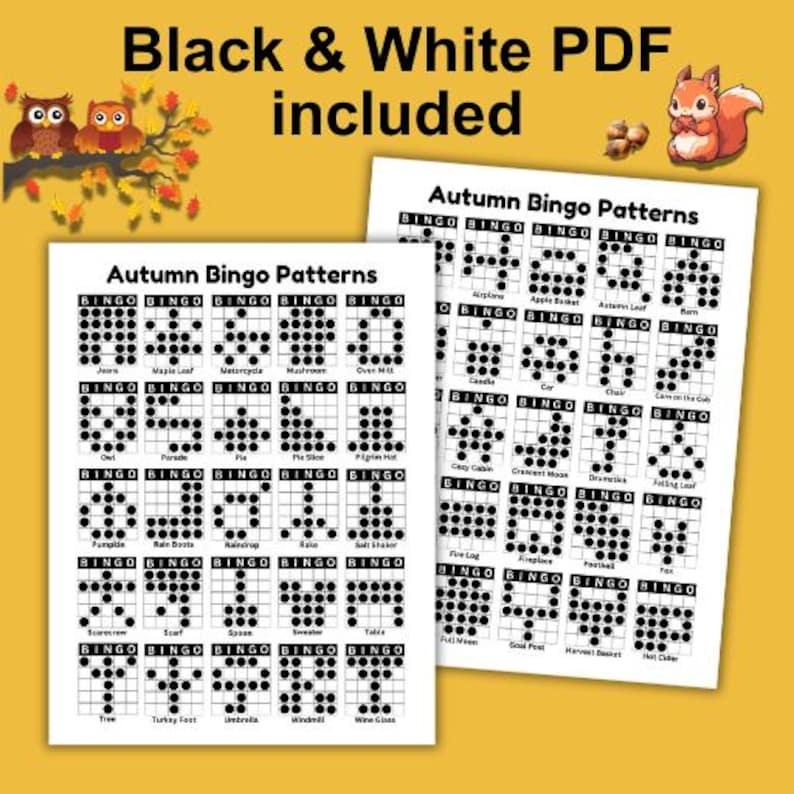 Printable Thanksgiving Bingo Game Patterns featuring 50 autumn-themed bingo layouts in an easy-to-use 25-per-page format. Black and White included