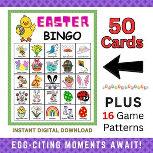 Easter Bingo, 50 Cards, 45 Calling Cards + 16 Bonus Game Patterns | Fun Easter Game for Kids, Family, Church, Classroom | Download and Print