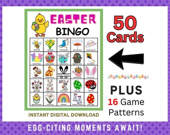 Easter Bingo Game: 50 Unique Cards, 16 Game Patterns (Digital Download)