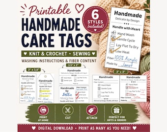Handmade Care Tags Bundle, Knit & Crochet Washing Instructions, Garment Care Labels, Sewing Tags, Printable Digital Download