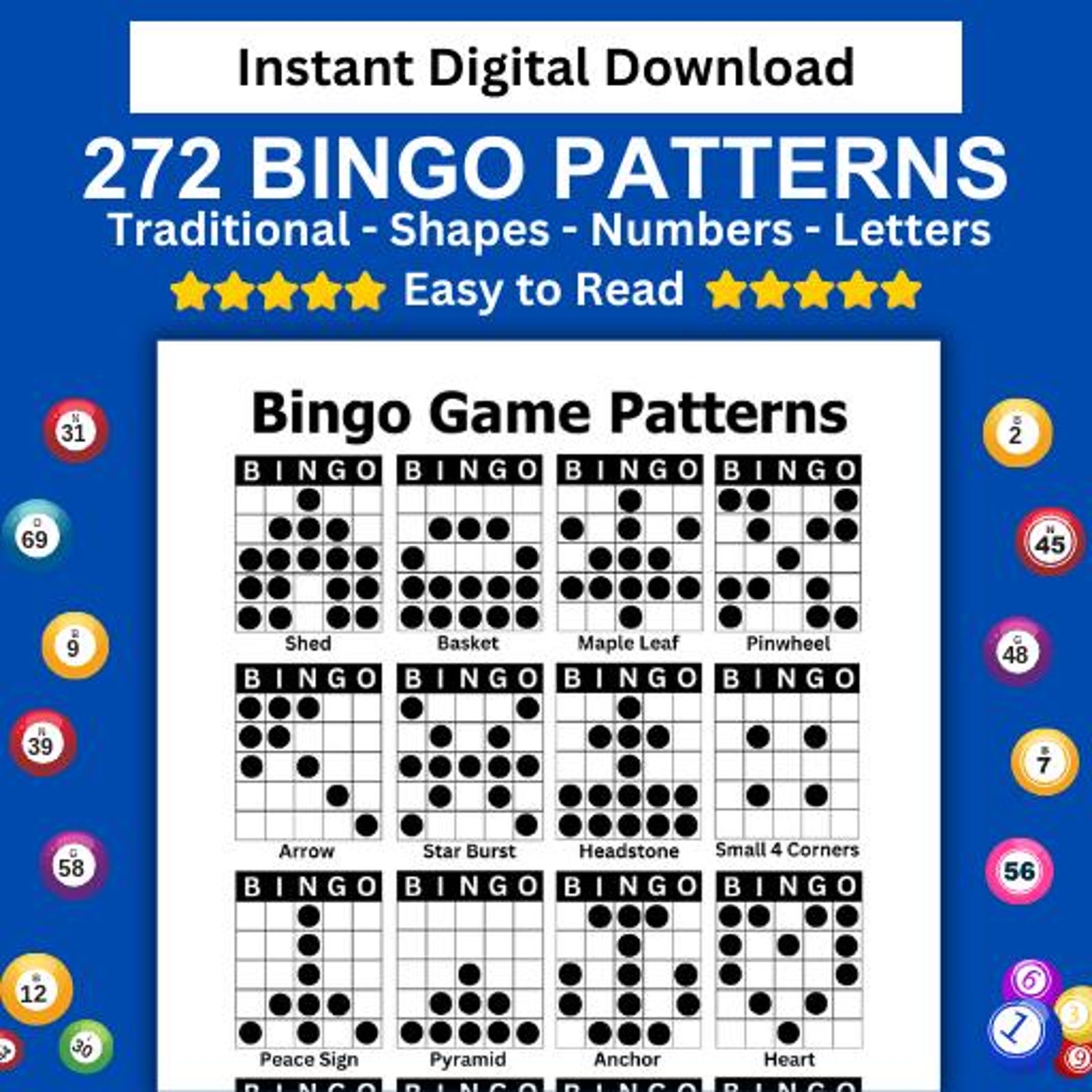 272 Bingo Game Patterns: Letters, Numbers, Shapes, 16 per Page (digital ...