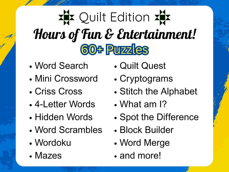 Quilt games, have Hours of Fun & Entertainment! It lists over 60 puzzles, including Word Search, Mini Crossword, and Wordoku. Fun games for quilters and sewers.