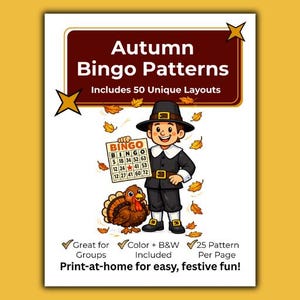 Thanksgiving Bingo Game Patterns with 50 fall-themed bingo layouts organized 25 patterns per page for easy reference and game calling.