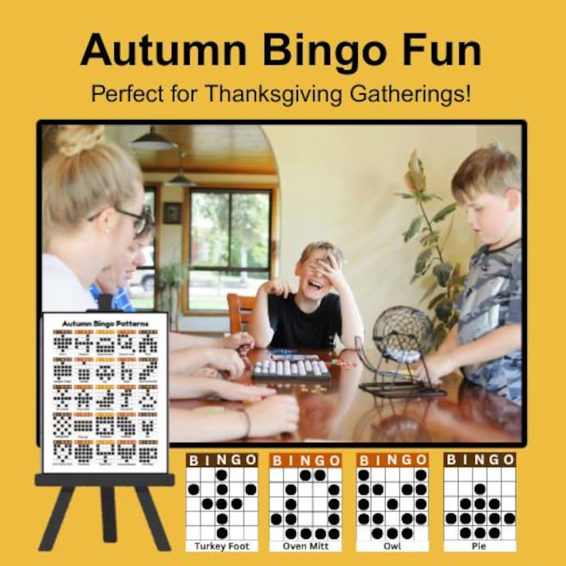 Autumn Bingo Pattern reference sheet with 25 Thanksgiving bingo layouts per page for activity directors, party hosts, and bingo callers.