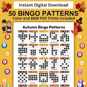 50 Thanksgiving Bingo Game Patterns: 25 Autumn Patterns Per Page (Digital Download)