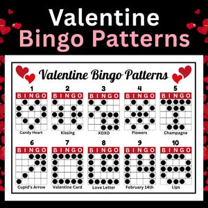 Può includere: Una scheda bianca con schemi di Bingo di San Valentino. Presenta dieci schemi diversi con temi come cuori, baci e champagne. Lo sfondo è nero con cuori rossi.