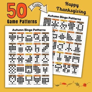 Thanksgiving Bingo Pattern Collection with 50 festive fall bingo layouts displayed 25 patterns per page for quick pattern selection.