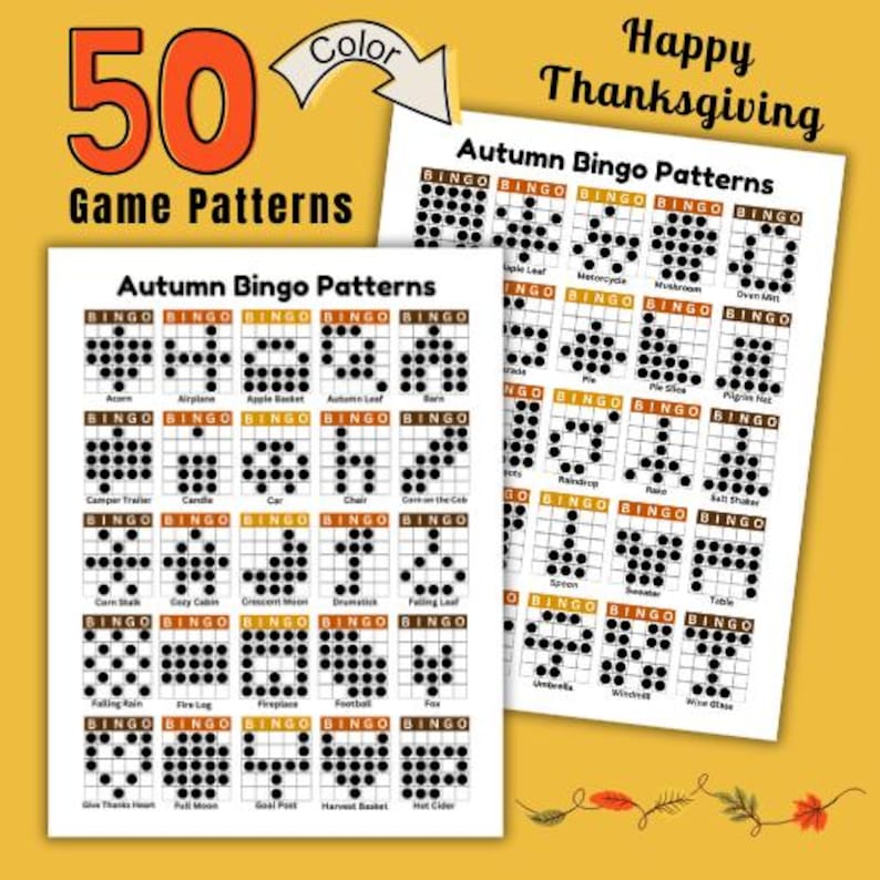 Thanksgiving Bingo Pattern Collection with 50 festive fall bingo layouts displayed 25 patterns per page for quick pattern selection.