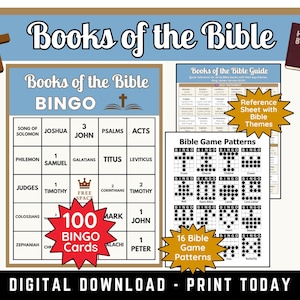 May include: A digital download featuring a "Books of the Bible" Bingo game. The image includes bingo cards, game patterns, and a reference sheet with Bible themes. The text "DIGITAL DOWNLOAD - PRINT TODAY" is also visible.