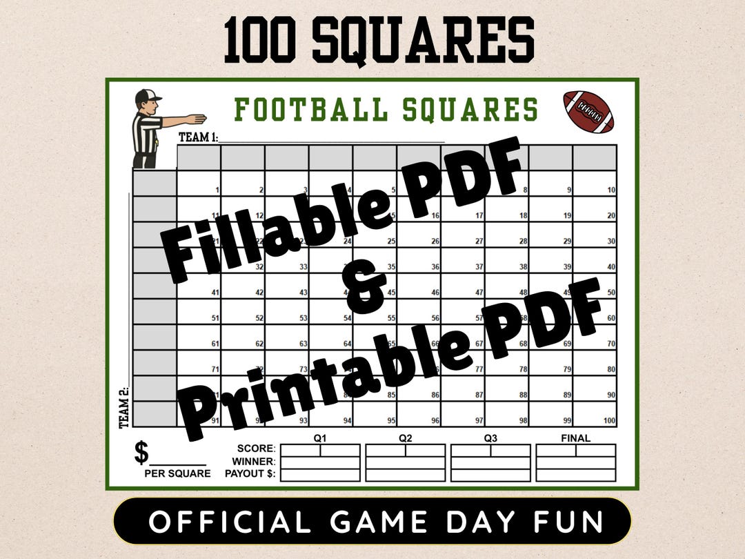 100 Square Football Squares by Quarter Printable & Fillable PDF Score