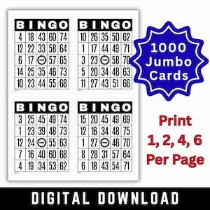 Puede incluir: Una descarga digital de cartones de bingo. La imagen muestra cuatro cartones de bingo con números y un gráfico azul en forma de estrella que dice "1000 Jumbo Cards". El texto a la derecha dice "Print 1, 2, 4, 6 Per Page".