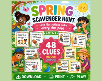 Spring Scavenger Hunt for Kids | 48 Printable Clue Cards, Indoor & Outdoor Riddles, Spring Break Activity | Ages 5-9