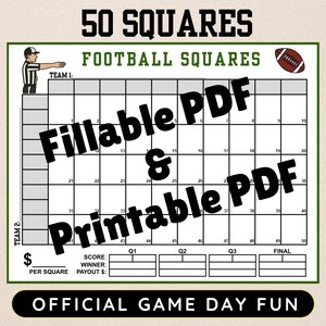 May include: A football squares game board with the text "50 Squares Football Squares." The board includes a referee illustration, a football graphic, and the words "Fillable PDF & Printable PDF." The bottom banner reads "OFFICIAL GAME DAY FUN."