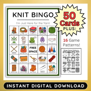 Knit Bingo, 50 Digital Cards, 45 Calling Cards + 16 Bonus Game Patterns | Knitting Retreat Game, Knitting Guild Activity | Download & Print