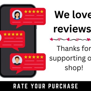 A black smartphone displays red speech bubbles with customer profile icons and five-star ratings. Text reads "We love reviews!" and "Thanks for supporting our shop!" The bottom banner says "RATE YOUR PURCHASE."
