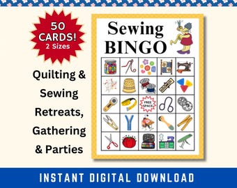 May include: A yellow and white bingo card with the text "Sewing Bingo" at the top. The card has 25 squares with images of sewing supplies, such as thread, needles, scissors, and fabric. The card is designed for quilting and sewing retreats, gatherings, and parties. It includes 50 cards in two sizes.