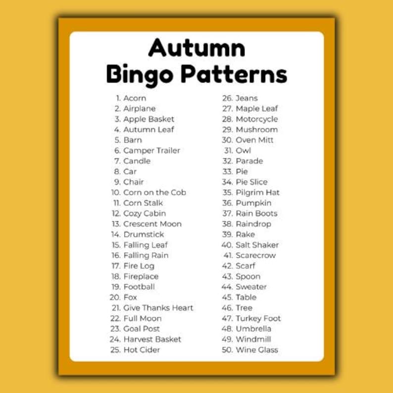 50 Autumn Bingo Patterns printable featuring 25 Thanksgiving bingo game patterns per page in a convenient digital download format.