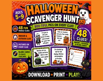 Halloween Scavenger Hunt for Kids | 48 Printable Indoor Outdoor Clues | Halloween Games for Ages 5-9