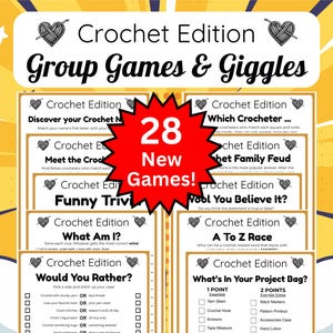 May include: A colorful graphic featuring a crochet-themed game set. The design includes the text "Crochet Edition Group Games & Giggles" and "28 New Games!" The game cards feature various crochet-related trivia and activities, perfect for craft enthusiasts.