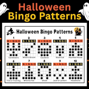 Puede incluir: Un juego de bingo con temática de Halloween con diez patrones únicos. El tablero del juego presenta un fondo negro con puntos naranjas y dos ilustraciones de fantasmas blancos. El título "Halloween Bingo Patterns" se muestra en naranja y amarillo.