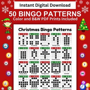50 Christmas Bingo Game Patterns: 25 Holiday Patterns Per Page  (Digital Download)