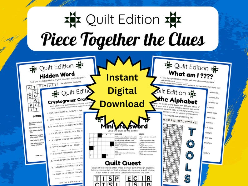 A digital download featuring a "Quilt Edition" puzzle pack. The pack includes various puzzles like Hidden Word, Cryptograms, and a crossword. The image has a blue and yellow background with the text "Piece Together the Clues."