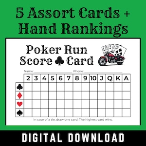 Poker Run Score Cards: Bundle of 5 Designs with Poker Hand Rankings (Digital Download)