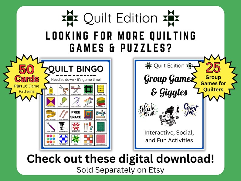 Looking for more quilt games and puzzles? Try Quilt Bingo or Quilt Group Games Bundle. Great to play on Quilt Retreats or as a quilt party game.