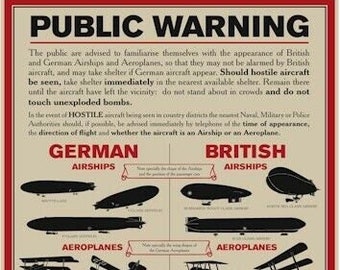 Reproduction World War 1 Public Warning Aircraft Identification Poster - A3 Size