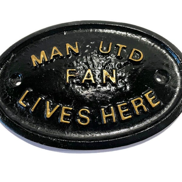 Manchester United Fan Lives Here Wall Plaque With Gold Raised Lettering 5" x 3.5"