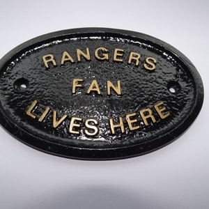 Rangers Fan Lives Here Wall Plaque With Gold Raised Lettering 5" x 3.5"