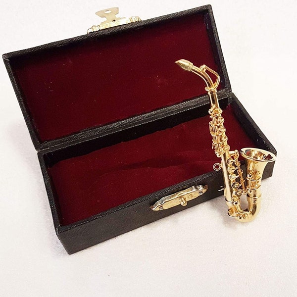 Miniature Alto Saxophone 1/12th Scale Dolls House Musical Instrument 8cm In Black Velvet Lined Case