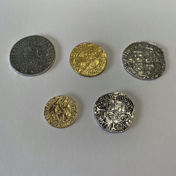 Set Of 5 Tudor Reproduction Silver And Gold Coloured Coins Superb Quality