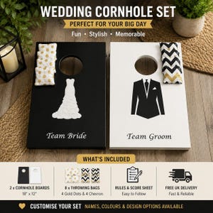 May include: A wedding cornhole set with black and white boards, each with a design. One board has a bride's dress, the other a groom's suit. Includes throwing bags with gold dots and chevron patterns. Boards measure 45.7cm x 30.5cm.