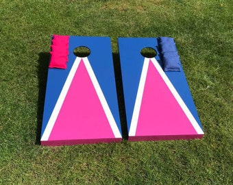 Pink and Blue cornhole game with 8 x throwing bags - bean bag toss - garden game