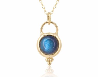 Labradorite Bezel Set in 14k Yellow Gold Pendant on 18 Inch Diamond Cut Chain, Round Cabochon, Beaded Detail, Handmade One of a Kind