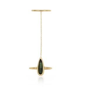 14k Gold & Grüner Turmalin Kettenring, Doppelring, Midi Ring mit Länglichem Birnenschliff Edelstein