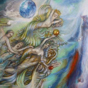 May include: A painting depicting a group of figures in a swirling, celestial scene. The figures are draped in flowing robes and appear to be reaching towards a blue orb in the sky. The background is a mix of blues, greens, and oranges, creating a sense of movement and energy.